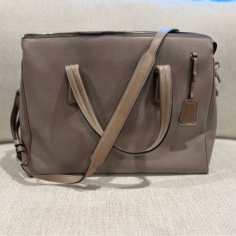 Tumi Taupe Leather Laptop Bag with Adjustable Strap